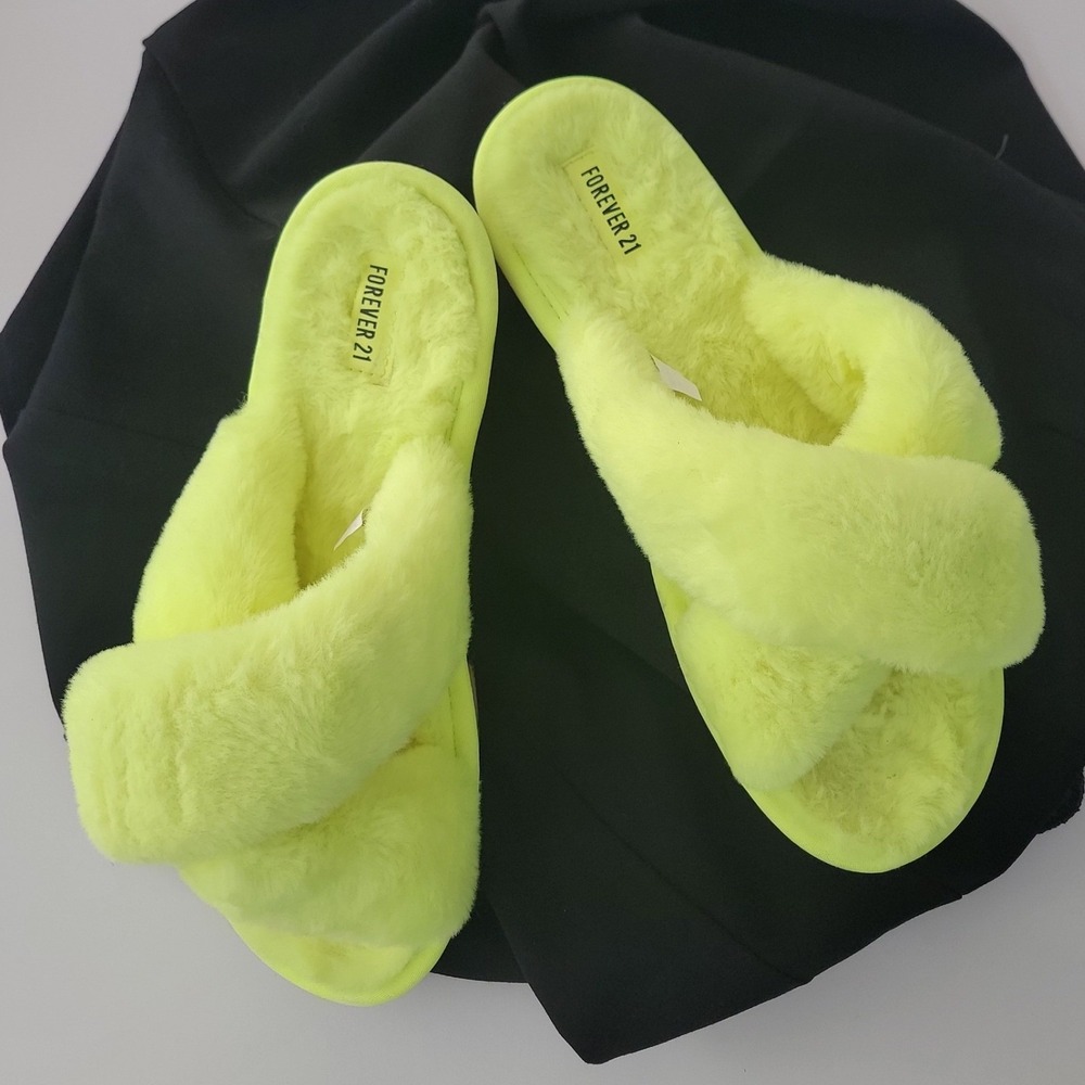 Forever 21 Neon Lime Green Faux Fur Criss Cross Slide Slippers - Picture 2 of 5